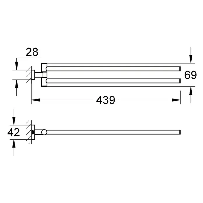 Grohe Essentials Cube Handtuchhalter - 2-armig, Chrom, Glänzend - Detaillierte Zeichnung eines Handtuchwärmers mit Maßangaben. Übersichtliche Darstellung des Heizkörpers mit allen relevanten Abmessungen für die Installation.