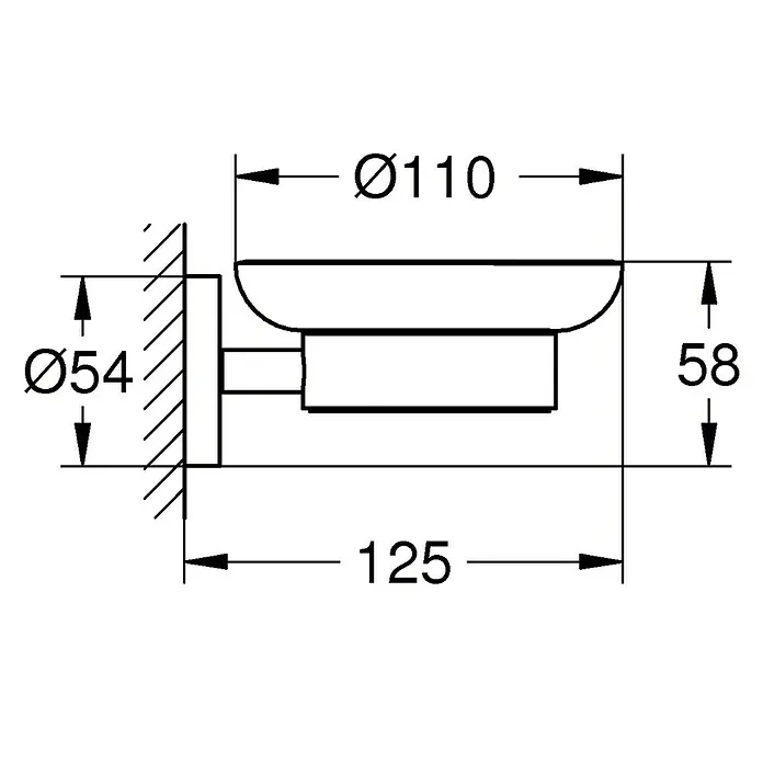 Grohe Essentials Ersatz-Seifenschale - Glas, Transparent - Bild einer technischen Zeichnung eines Seifenspenders mit den Maßen Ø54, Ø110, 58 und 125.
