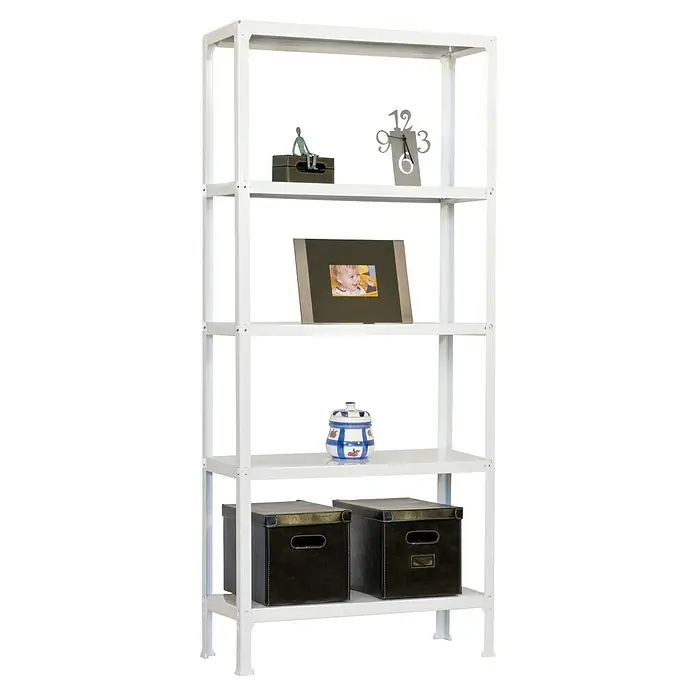 Simonrack Simonhome Metallregal Click Metall Plus - H x B x T: 180 x 100 x 30 cm, Traglast pro Boden: 150 kg, Anzahl Böden: 5 Stk., Stecken, Weiß/Weiß - Ein weißes Regal mit fünf Fächern und diversen dekorativen Gegenständen darauf. Es ist ein praktisches und stilvolles Möbelstück.
