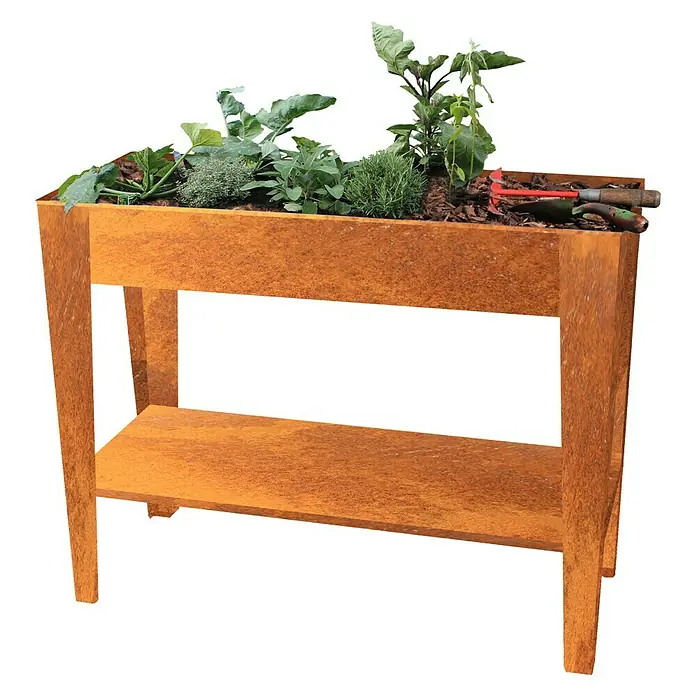 Palatino Exclusive Line Hochbeet - 100 x 40 x 80 cm, Stahl, Rostbraun - Pflanztisch aus gerostetem Metall mit verschiedenen Kräutern und Gartenwerkzeugen für eine einfache Gartenarbeit.