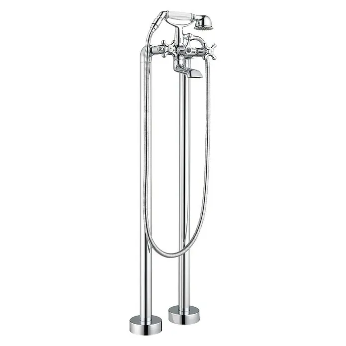 Rousseau Grifo para bañera Retro - Altura: 85,2 cm, Cromo, Brillante - Grifo de bañera exento cromado con ducha de mano y mandos en cruz para un aspecto elegante.