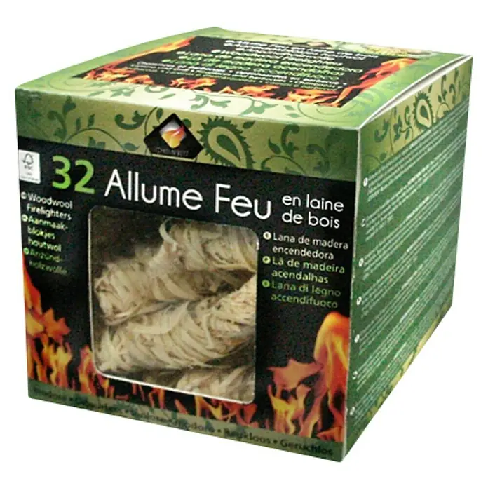 Virutas para encendido fuego de lana - 32 ud. - Encendedores de lana de madera en una caja verde con un diseño de llama.