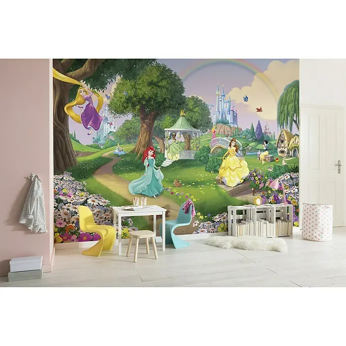 Komar Disney Edition 4 Fototapete Princess Rainbow - 8 -tlg., B x H: 368 x 254 cm, Papier - Kinderzimmer mit einer Fototapete mit Disney Prinzessinnen, die eine verzauberte Szene in einem Innenraum schafft.