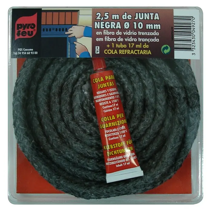 Junta refractaria + Pegamento - Ø x L: 10 mm x 2,5 m, Fibra de vidrio trenzada - Junta negra Pyro Feu de 2,5 m Ø 10 mm, fibra de vidrio, con cola refractaria de 17 ml, para chimeneas y estufas, resistente al calor hasta 1100 °C.