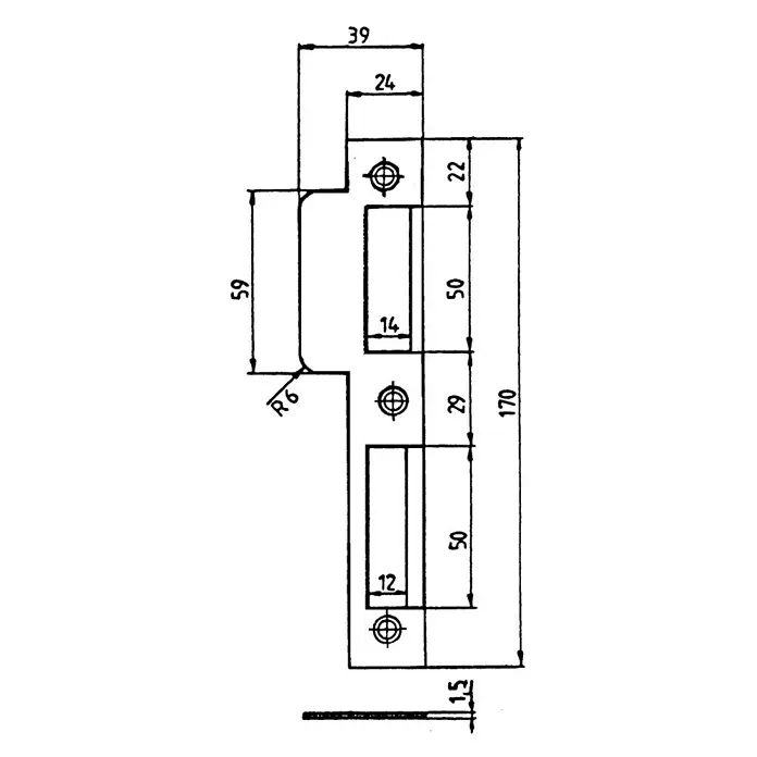 Stabilit Lappenschließblech - DIN-L, L x B: 170 x 24 mm, Zimmertür - Technische Zeichnung einer Türfalle mit Bemaßung für Bau- und Konstruktionszwecke.