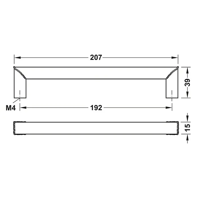 Häfele Tirador para muebles 100.45.027 - L x An x Al: 20,7 x 3,9 x 1,5 cm - Dibujo técnico de un tirador de mueble con dimensiones: 207 mm (total), 192 mm (distancia entre orificios), 39 mm (alto), 15 mm (profundidad) y rosca M4.