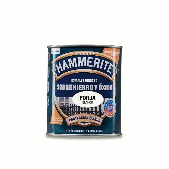 Hammerite Esmalte para metal Hierro y Óxido - Blanco, 750 ml, Efecto forja - Bote de esmalte Hammerite Directo sobre Hierro y Óxido Forja Blanco, una pintura de alta calidad para superficies metálicas con 8 años de protección.