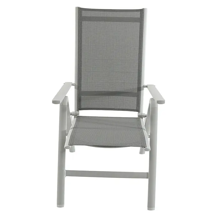 Sunfun Hannah Sillón de posiciones - 67 x 60 x 110 cm, Gris, Apilable - Vista de una silla plegable blanca con reposabrazos y tela de malla gris para el asiento y el respaldo.