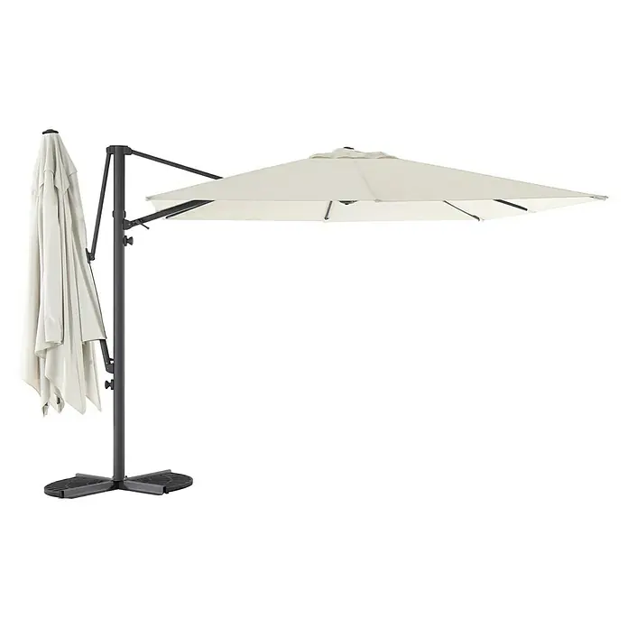Sunfun Parasol de jardín Doble Ligurien - Crudo, Diámetro de cobertura: 290 cm - Imagen de una sombrilla de patio beige con mecanismo de manivela y base robusta, ideal para exteriores.