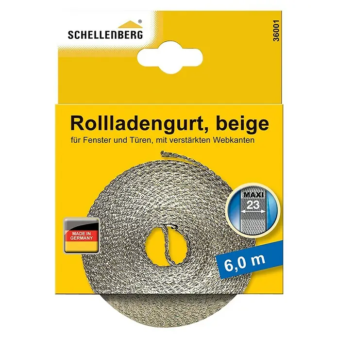 Schellenberg Cinta para persiana - Beige, Largo: 6 m, Anchura de la correa: 23 mm, Polipropileno - Imagen del embalaje de la correa para persianas enrollables Schellenberg, beige, 6,0 m de largo, bordes reforzados, ideal para ventanas y puertas.