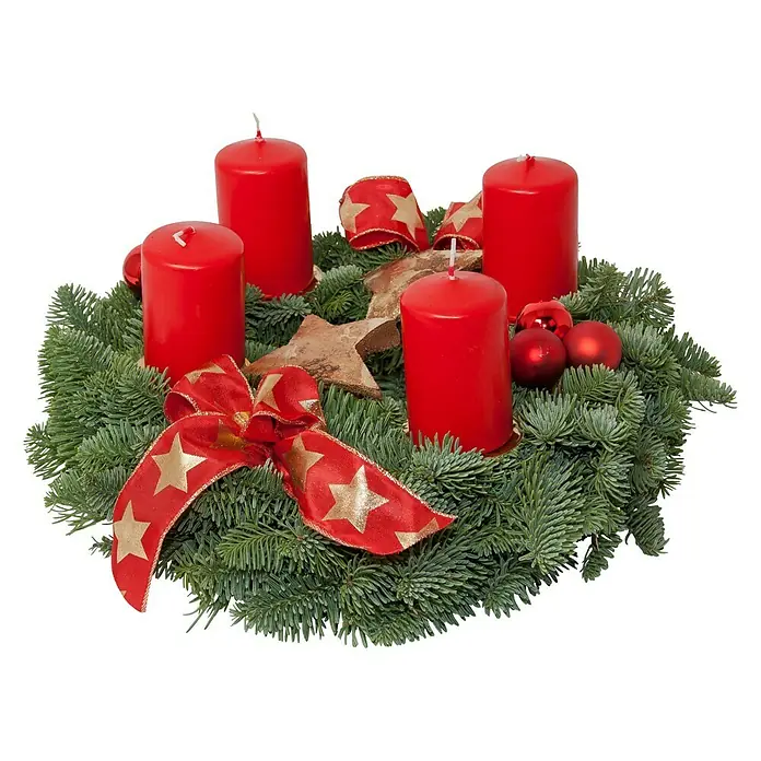 Piardino Adventskranz mit 4 Kerzen - Durchmesser: 20 cm, Dekoriert, verschiedene Ausführungen - Festlicher Adventskranz mit roten Kerzen, Sternschmuck und Schleife. Perfekt für die Weihnachtszeit, um eine warme und einladende Atmosphäre zu schaffen.