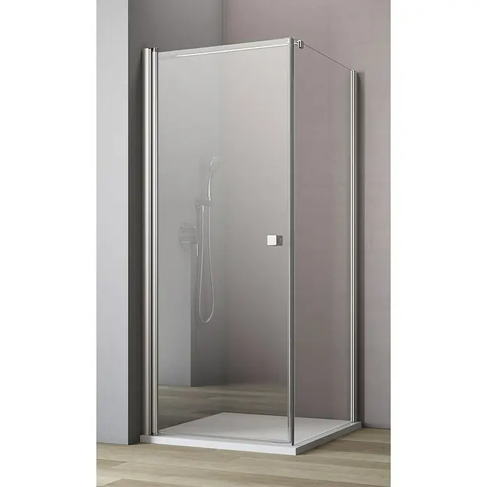 GEO Hit Eckdusche B-F100 - 90 x 80 x 202,2 cm, Beschichtet, Silber, Glasstärke: 6 mm, DIN Anschlag: Links - Elegante Duschkabine mit klarem Glas und schlanken Chromrahmen, die modernes Design und Funktionalität im Badezimmer vereint.