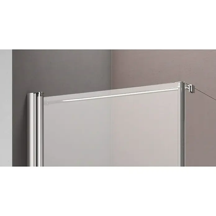 GEO Hit Eckdusche B-F100 - 90 x 90 x 202,2 cm, Unbeschichtet, Silber, Glasstärke: 6 mm, DIN Anschlag: Rechts - Nahaufnahme einer Duschkabine mit klaren Linien und minimalistischem Design, das modernes Badezimmerambiente schafft.