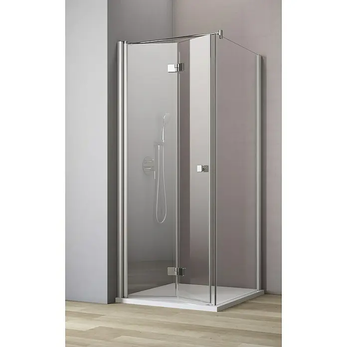 GEO Hit Eckdusche B-F400 - 80 x 100 x 202,2 cm, Beschichtet, Silber, Glasstärke: 6 mm, DIN Anschlag: Links - Ein modernes, quadratisches Duschkabinen-Design mit klaren Glaswänden und eleganten Chrombeschlägen, das Badezimmer mit zeitgemäßer Ästhetik bereichert.