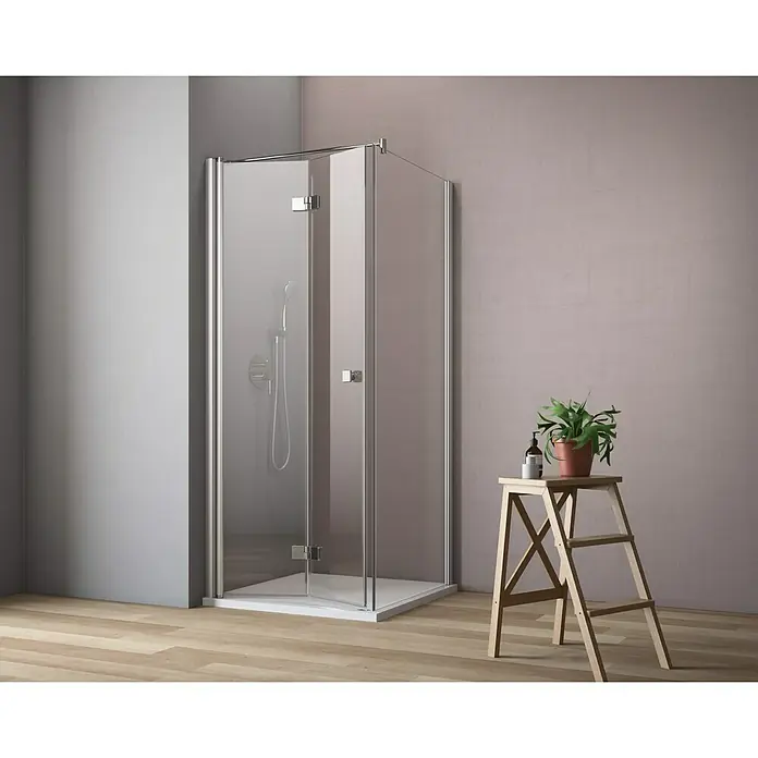 GEO Hit Eckdusche B-F400 - 80 x 100 x 202,2 cm, Beschichtet, Silber, Glasstärke: 6 mm, DIN Anschlag: Links - Elegante Duschkabine mit klaren Glaswänden und chromfarbenen Beschlägen, die ein modernes Badezimmerambiente schafft.