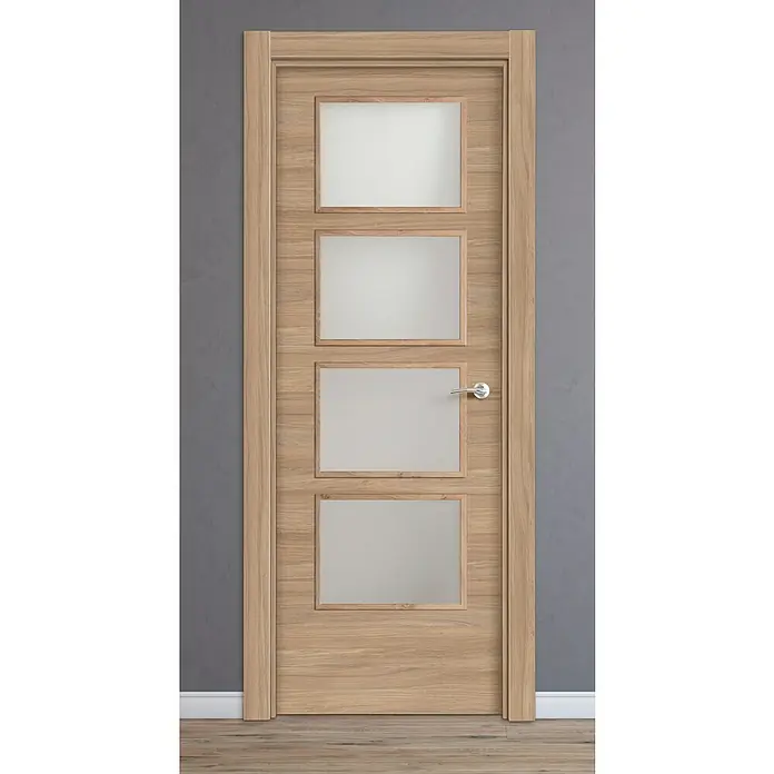 Solid Elements Puerta acristalada Urban - 72,5 x 203 cm, Izquierda, Roble claro - Puerta de madera clara con cuatro inserciones rectangulares de vidrio y manija plateada, ideal para interiores modernos.