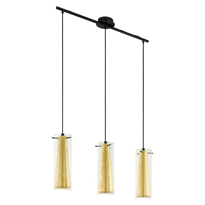 Eglo Pinto Gold Pendelleuchte - Höhe: 110 cm, Max. Systemleistung: 180 W - Moderne Pendelleuchte mit drei goldenen Lampenschirmen in klaren Glaszylindern, die von einer schwarzen Stange hängen.
