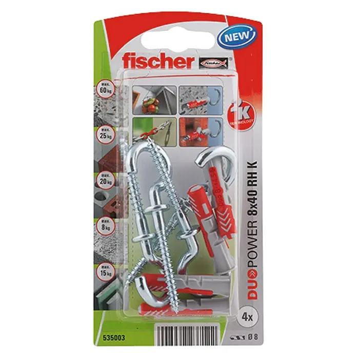 Fischer Duopower Set de tacos con hembrilla abierta - Diámetro taco: 8 mm, Longitud taco: 40 mm, 4 ud. - Paquete de tacos Fischer con alcayatas, ideal para fijaciones de hasta 60 kg en diversos materiales. Nuevo y fiable para proyectos de bricolaje.