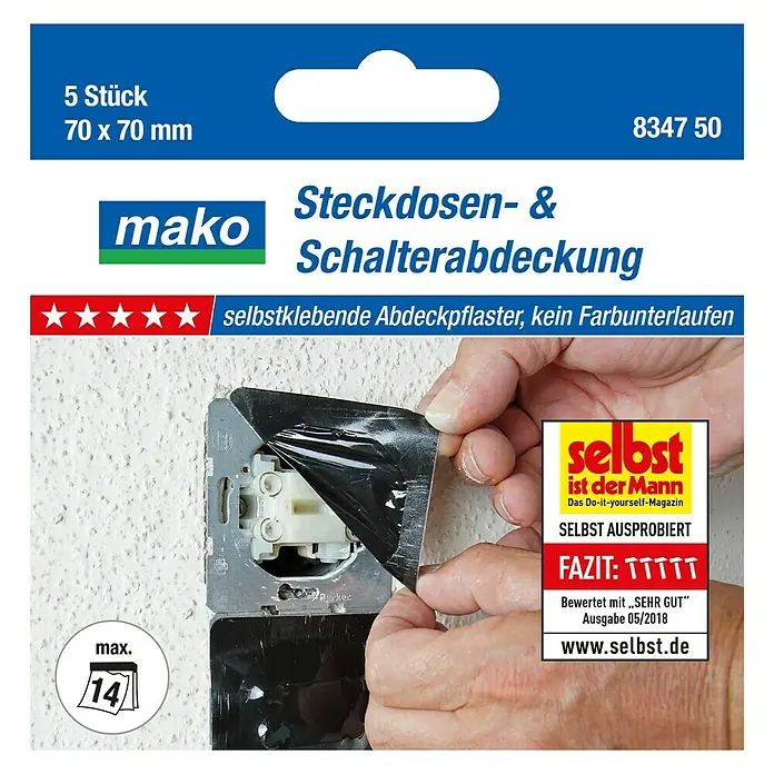 Mako Abdeckband - 70 x 70 mm - Selbstklebende Steckdosen- und Schalterabdeckung von Mako, 5 Stück, 70 x 70 mm. Ideal zum Schutz bei Malerarbeiten, bewertet mit „SEHR GUT“.