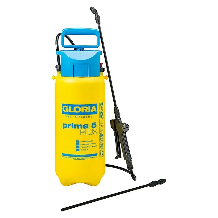 Gloria Drucksprühgerät Prima 5 PLUS - 5 l - Ein gelber Gloria Prima 5 PLUS Drucksprüher mit blauem Griff und schwarzem Sprührohr, ideal für Gartenarbeiten.