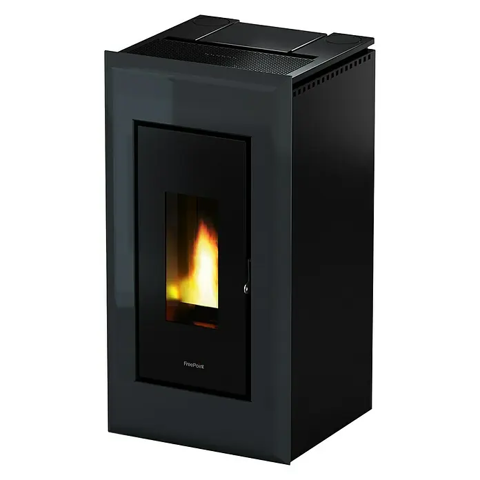 FreePoint Pelletofen Vega Airtight2,8 kW - 10,5 kW, Raumheizvermögen: 252 m³, Schwarz/Anthrazit - Elegantes schwarzes FreePoint Pellet-Heizgerät mit Sichtfenster und Flammen. Das ideale Heizgerät für Ihr Zuhause.