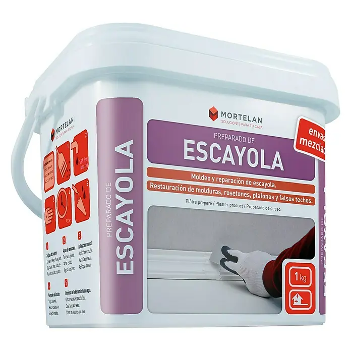 Gecol Enlucido de escayola Mortelan - 1 kg - Un cubo de "Mortelan Escayola", un compuesto de yeso listo para usar para restaurar molduras y rosetones.