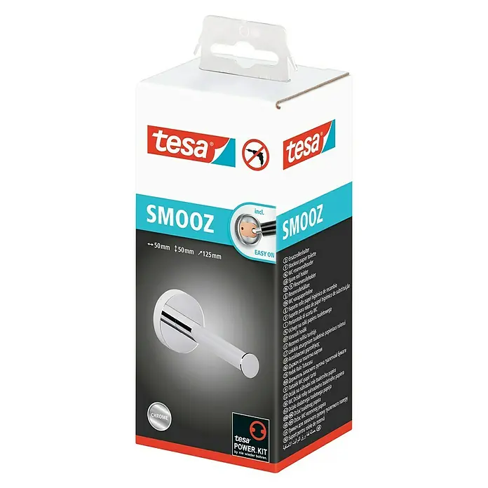 Tesa Smooz Portarrollos de repuesto - Cromo, Brillante - Imagen del portarrollos de repuesto Tesa Smooz en embalaje cromado, un práctico accesorio de baño para almacenar rollos de papel higiénico.
