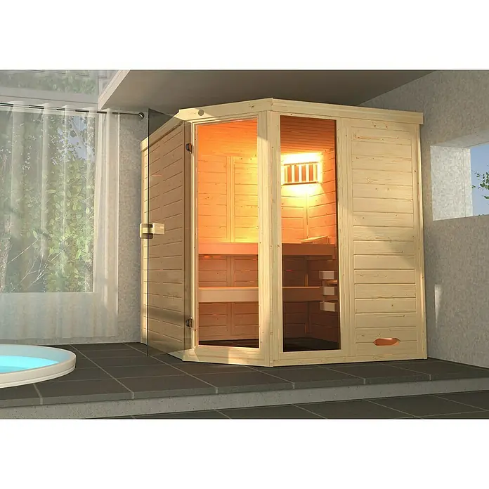Weka Massivholzsauna Laukkala 2 GTF - Ohne Ofen, L x B x H: 144 x 192 x 200 cm, Inkl. Spezial-Saunenleuchten-Set - Holzsauna mit Glastür und Bänken im Innenraum. Die Sauna steht auf dunklen Fliesen und hat eine helle, natürliche Holzfarbe.
