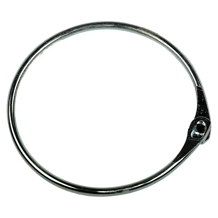 Stabilit Markt-Schlüsselring - Durchmesser: 60 mm, Galvanisch verzinkt, 4 Stk. - Nahaufnahme eines einzelnen, silberfarbenen Metall-Buchbinderings mit einem Verschlussmechanismus, ideal zum Zusammenhalten von Dokumenten.