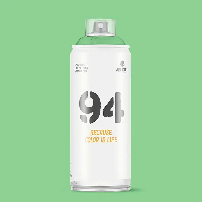 mtn Pintura decorativa en spray 94 - Verde menta, Mate, 400 ml - Primer plano de una lata de aerosol MTN 94 con fondo verde, ideal para proyectos de arte y grafitis de baja presión.