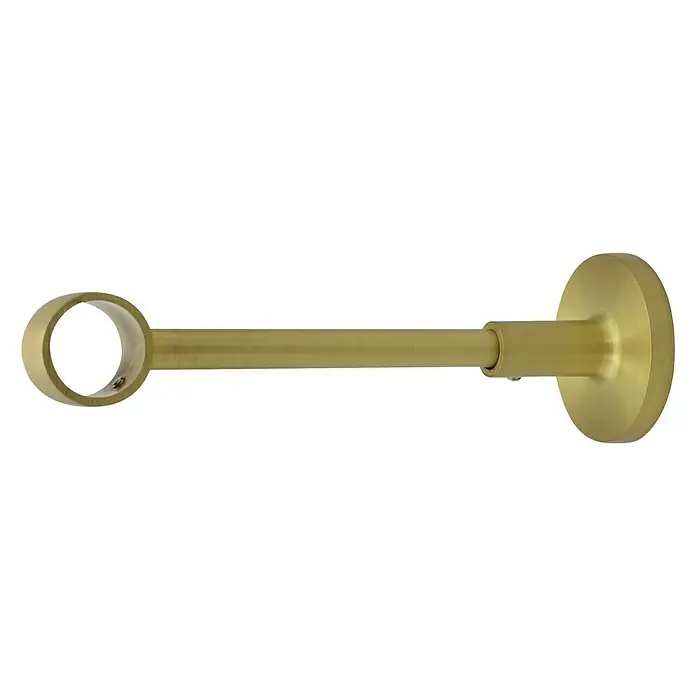 Expo Ambiente Träger Wire - Messingoptik matt, Geeignet für: Gardinenstangen Ø 20 mm, 15,2 cm - Nahaufnahme einer goldenen Gardinenstangenhalterung auf schwarzem Hintergrund, ideal für stilvolle Fensterdekoration.