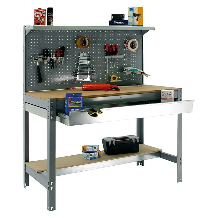 Simonrack Simonwork Werkbank Set BT3 Box 1200 - L x B: 61 x 121 cm, Arbeitshöhe: 144,5 cm, Belastbarkeit: 600 kg, Grau/Holz - Werkbank mit Lochwand und Schublade, ideal für Heimwerker und Werkstätten. Viel Stauraum für Werkzeuge und Zubehör.