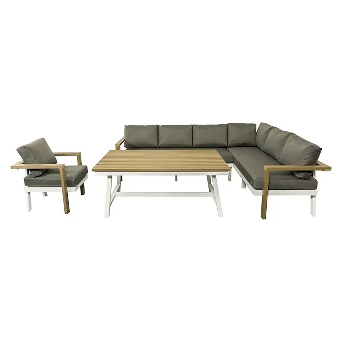 Sunfun Conjunto de muebles Morgana - 4 pzs., Enviro Imitation Wood® / Aluminio, Marrón/Blanco - Elegante conjunto de muebles de jardín con sofá esquinero, sillón y mesa. El conjunto destaca por su diseño moderno y materiales exteriores de alta calidad.