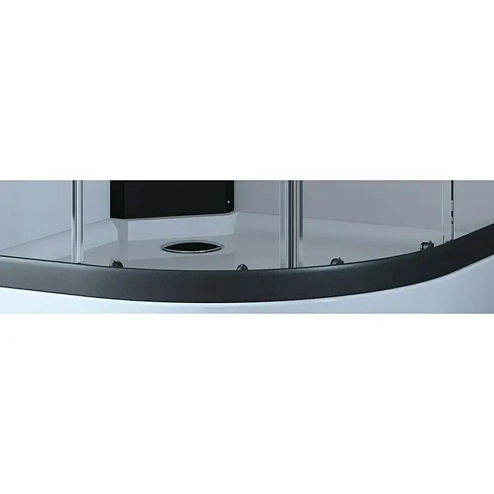 GEO Fix Komplettdusche - 90 x 90 x 215 cm, Gebogen, Weiß/Schwarz - Detaillierter Blick auf eine Duschkabine mit schwarzem Rahmen und klarem Glas, die ein modernes Badezimmer-Design hervorhebt.