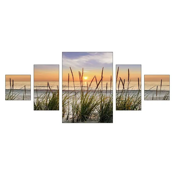 ProArt Young Living Leinwandbild 5-Teiler - Beach Harmony II, B x H: 150 x 70 cm, 5 -tlg. - Mehrteiliges Wandbild mit Strandmotiv bei Sonnenuntergang, das eine ruhige und natürliche Atmosphäre in jeden Raum bringt.