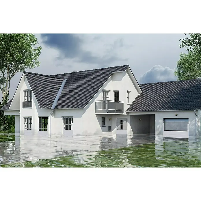 Masys Hochwasser-Kit Standard120 x 80 cm - Überschwemmtes Haus mit Wasser, das bis zu den Fenstern reicht, was die Auswirkungen von Überschwemmungen auf Wohngebäude verdeutlicht.