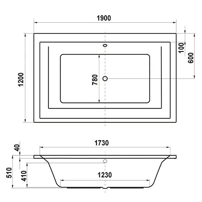 Ottofond Badewanne Phenix - 190 x 120 cm, Sanitäracryl, Weiß - Skizze einer Badewanne mit detaillierten Abmessungen für Design- und Planungszwecke. Die Maße geben Aufschluss über Größe & Form.