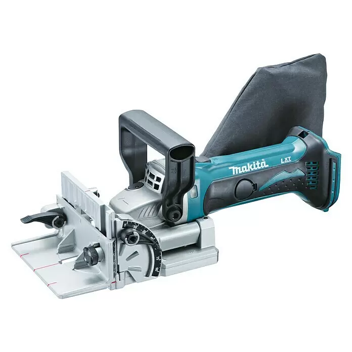 Makita LXT 18V Engalletadora de batería DPJ180Z - 18 V, Sin batería, Profundidad de corte: 20 mm - Fresadora de galletas Makita inalámbrica azul y negra con base gris, diales de ajuste y bolsa de polvo.