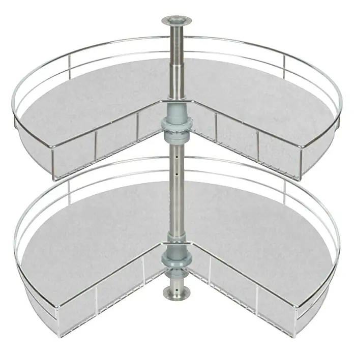 Estantería rinconera metálica semicircular 80 - L x An x Al: 520 x 900 x 450 mm, Cromo - Carrusel para armario esquinero: Práctica solución de almacenamiento con dos niveles para un uso óptimo del espacio en la cocina.