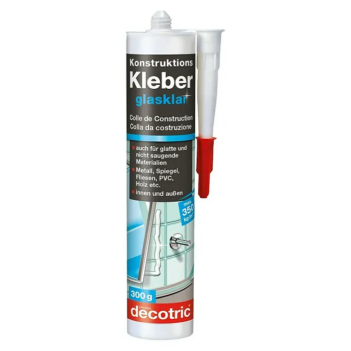 Decotric Konstruktionskleber - 300 g - Abbildung einer Tube Konstruktionskleber glasklar von Decotric mit einer Füllmenge von 300g für glatte und nicht saugende Materialien.
