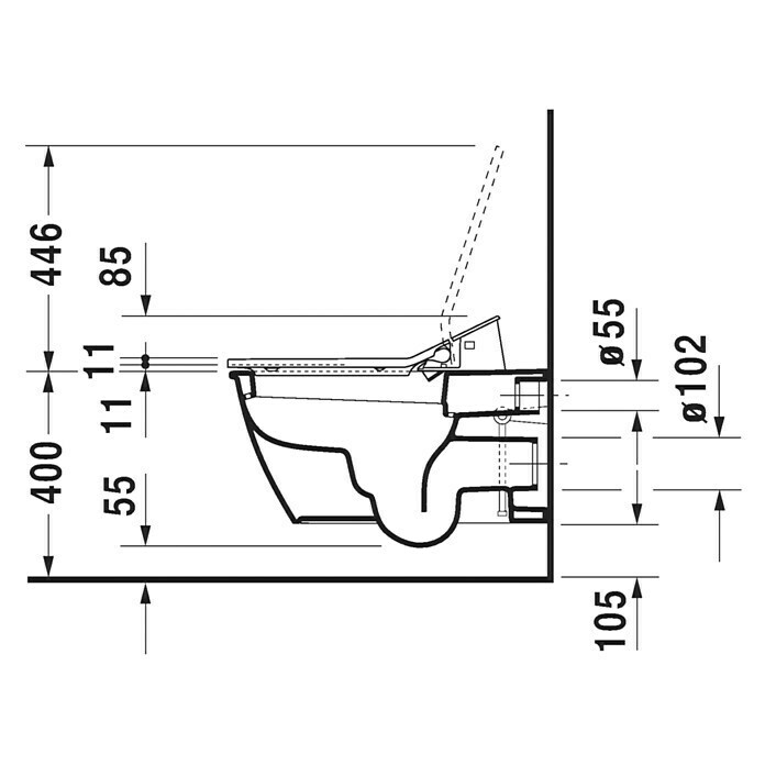 Duravit Darling New Wand-Dusch-WCMit Spülrand, Ohne Spezialglasur, Spülform: Tief, WC Abgang: Waagerecht, Weiß Sketch