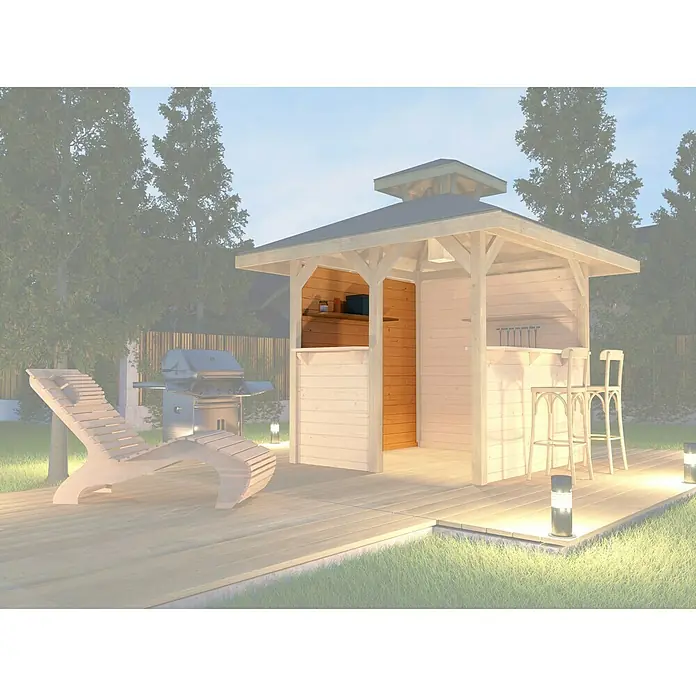 Weka Wandelement Gr. 2 - Passend für: Weka Gartenlaube Gartenoase Gr. 1 - Bild eines Pavillons mit Grillplatz, Liegestuhl und Barhockern auf einer Terrasse, umgeben von Grün. Die Konstruktion ist aus hellem Holz gefertigt.