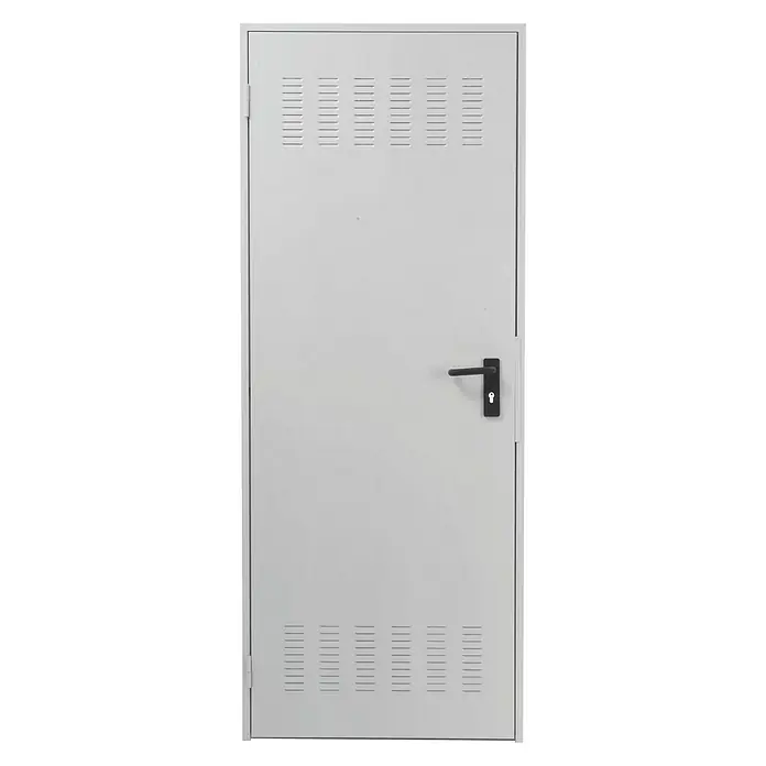 Novoferm Puerta de trastero Super Plus Prelacada blanca con rejilla - 87,5 x 203,5 cm, Derecha - Puerta metálica clara con ranuras de ventilación y manija negra para un cierre seguro y una circulación óptima del aire.