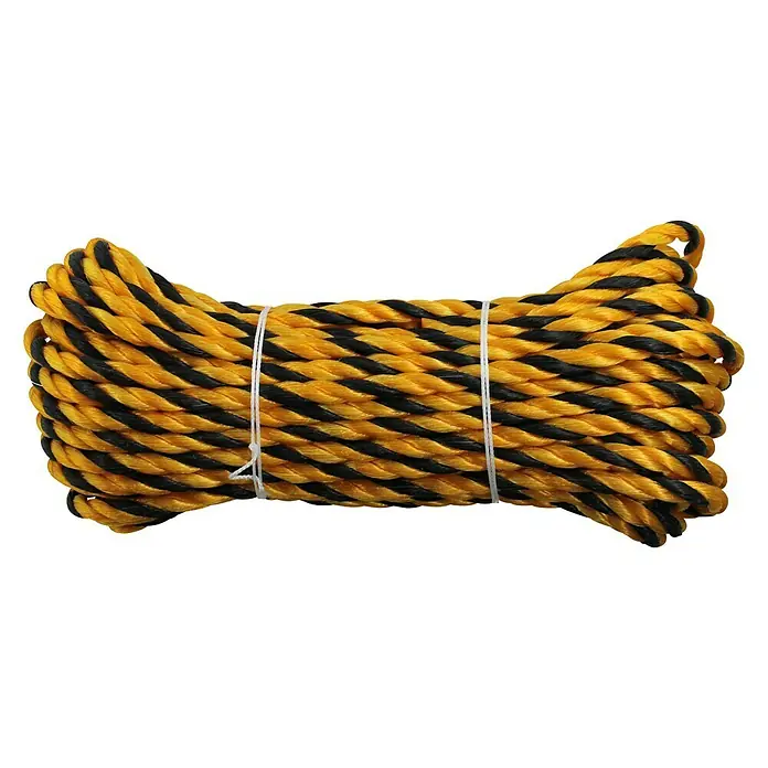 Stabilit Cuerda - 10 mm x 25 m, Plástico, Negro/Amarillo - Cuerda amarilla y negra enrollada y sujeta con bridas blancas, ideal para diversas aplicaciones.