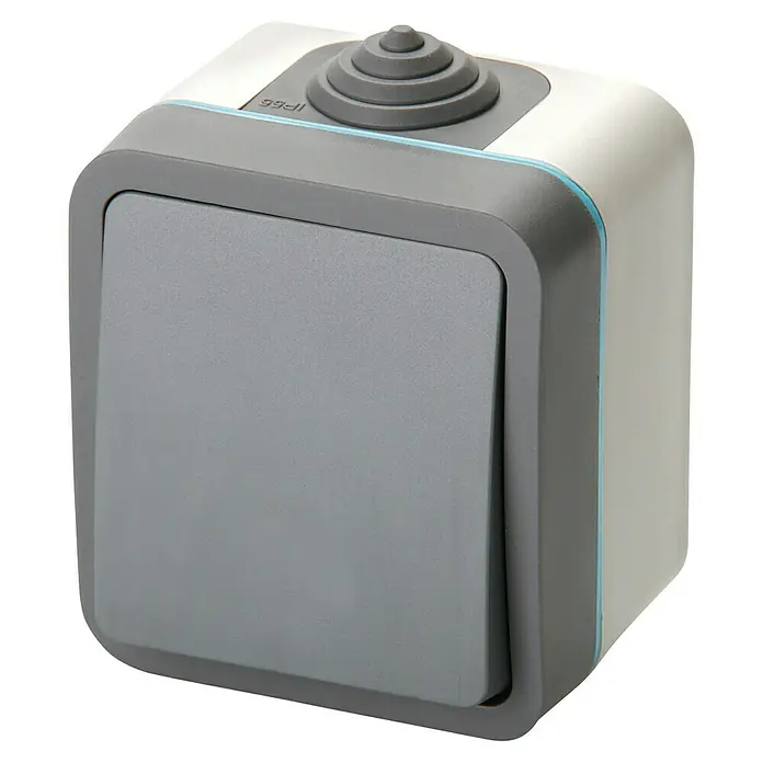 Voltomat Blueline Feuchtraumtaster - Grau, Aufputzmontage, IP54 - Nahaufnahme eines grauen, wasserdichten IP56-Schalters mit Betätigungsknopf und blauer Dichtung.
