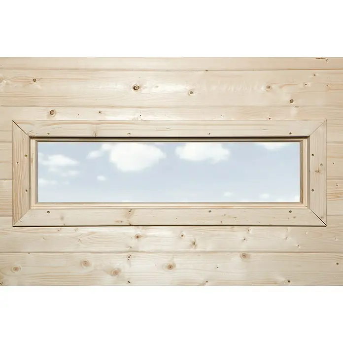 Weka Fenster-Element - Passend für: Weka Gartenhaus wekaLine Gr. 1, 2 & 3, Natur - Fensterdetail einer Holzwand. Die schlichte, längliche Fensterform rahmt den Blick nach draußen ein.