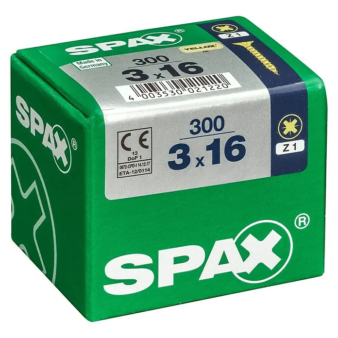 Spax Universalschraube - 3 x 16 mm, Vollgewinde, 300 Stk. - Nahaufnahme einer grünen Packung SPAX-Schrauben 3x16 mit 300 Stück, ideal für Heimwerker- und Bauprojekte.
