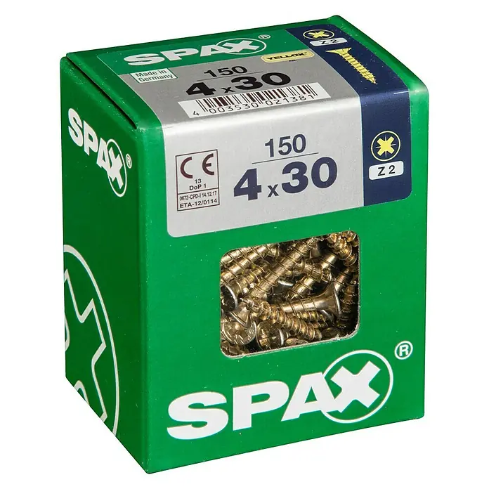 Spax Universalschraube - 4 x 30 mm, Vollgewinde, 150 Stk. - Abbildung einer grünen Schachtel Spax-Schrauben, Größe 4 x 30 mm, ideal für diverse Holzbearbeitungsprojekte.