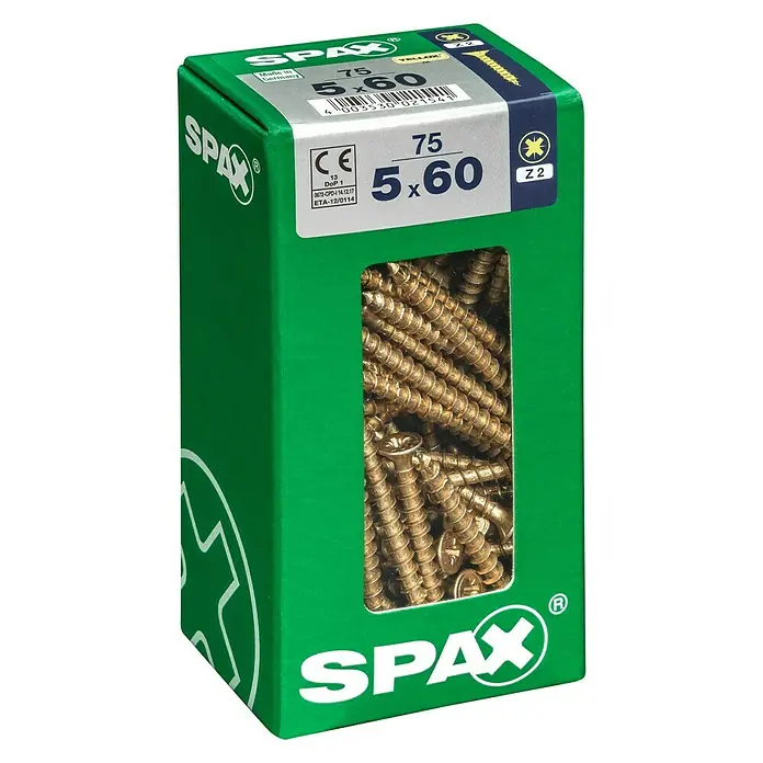 Spax Universalschraube - 5 x 60 mm, Vollgewinde, 75 Stk. - Eine grüne Packung Spax Schrauben, Größe 5x60, mit einem Sichtfenster, das die goldenen Schrauben zeigt, ideal für Holzverbindungen.