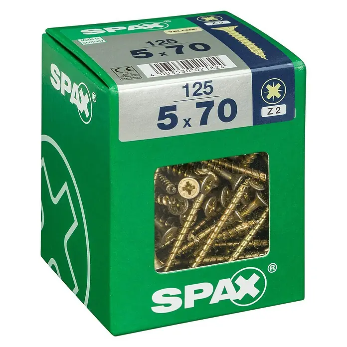 Spax Universalschraube - 5 x 70 mm, Vollgewinde, 125 Stk. - Eine grüne Packung Spax-Schrauben der Größe 5 x 70 mm, ideal für diverse Holzbauprojekte und Heimwerkerarbeiten.